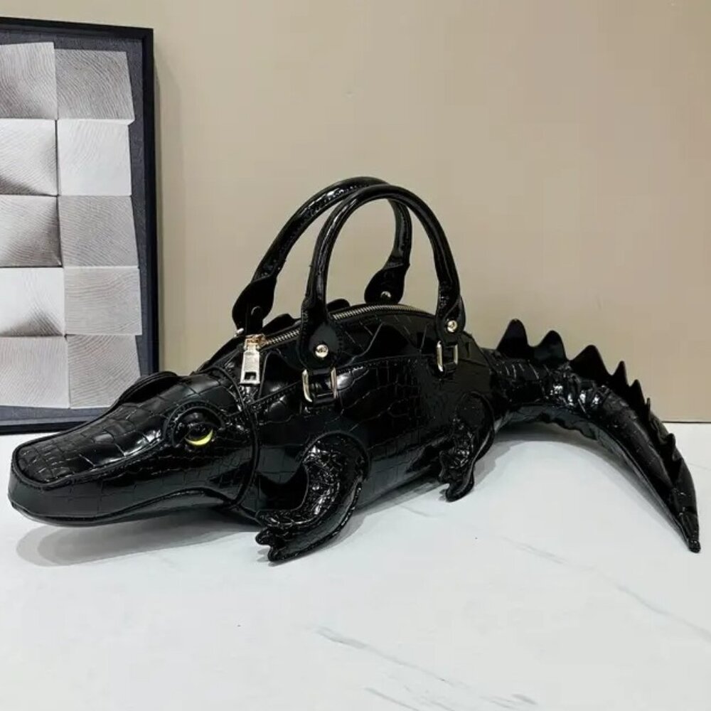 🖤 Black Crocodile Patent Leather Shaped Handbag w/strap Novelty Statement! - Picture 4 of 10